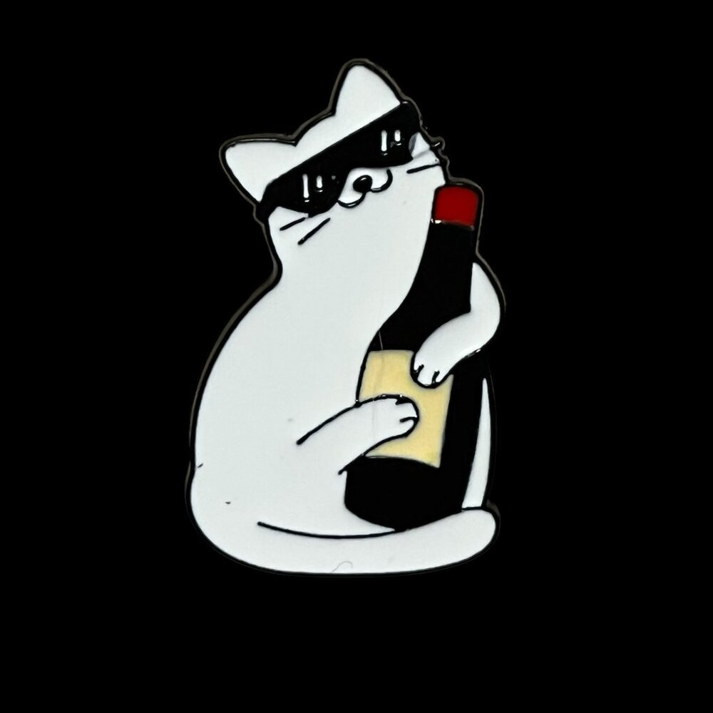 Fun Cat with Wine Bottle and Sunglasses Brooch - Quirky Enamel Lapel Pin